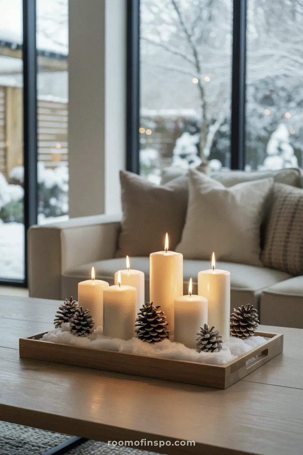 A wooden tray displays cozy winter decor featuring various pillar candles nestled in faux snow and surrounded by pinecones.