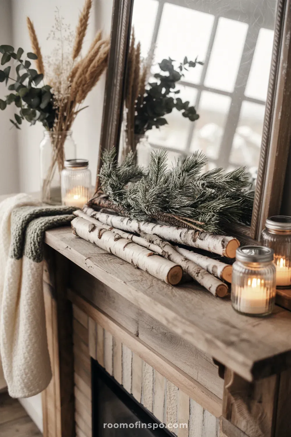 A distressed wood fireplace mantel decorated with a simple, rustic winter arrangement of pines and warm candlelight.