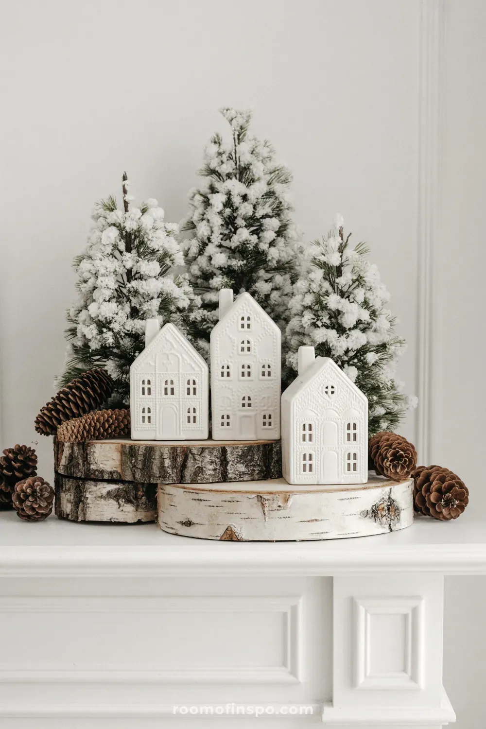 A miniature snow village and simple white winter accents create a charming display on a white fireplace mantel.