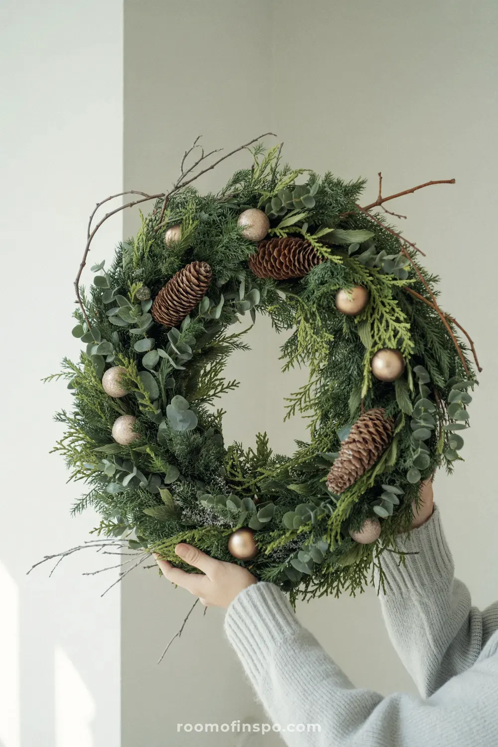 A simple, dense winter wreath made entirely of fresh green foliage, presenting a minimalist and natural design on a white door.
