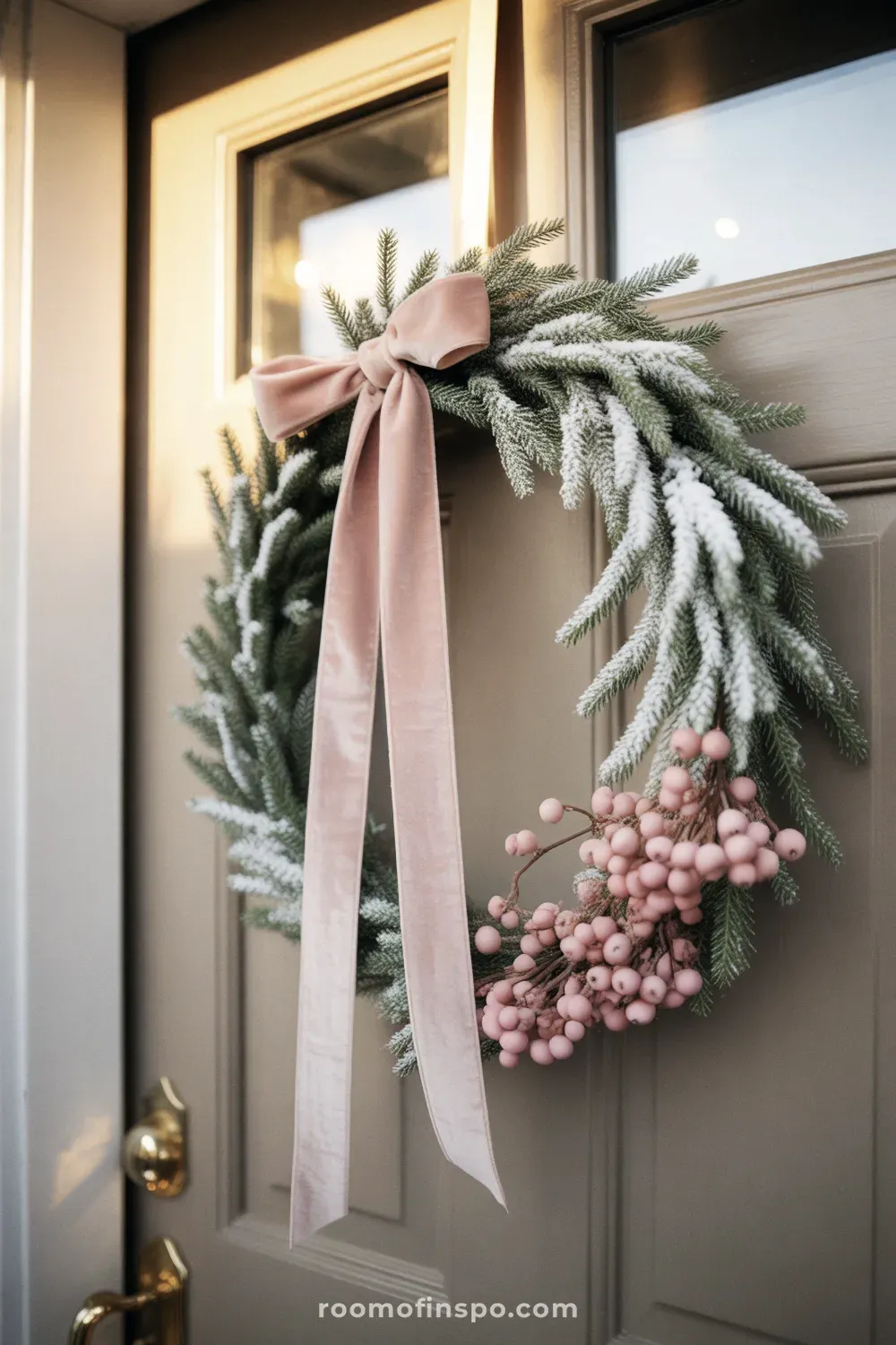 A pale green winter wreath with subtle pink-tinted berries and foliage, tied with a tan ribbon, on a light door frame.
