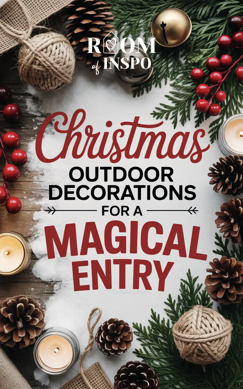 A Pinterest image for "Christmas Outdoor Decorations for a Magical Entry" is surrounded by festive items for a porch.