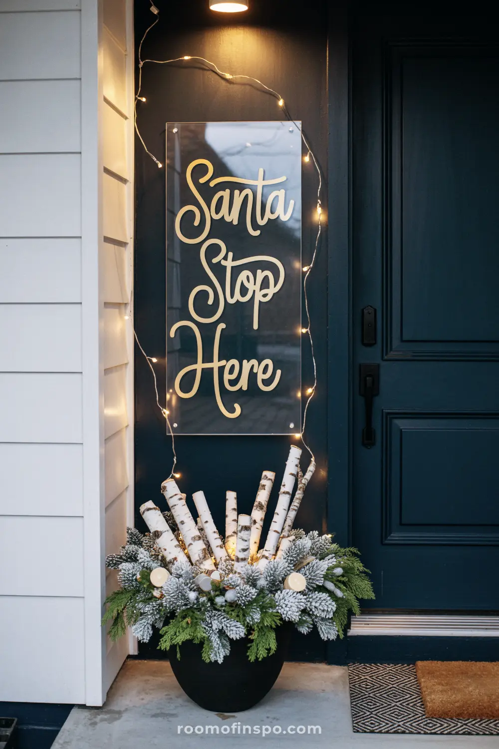A modern front porch decorated for Christmas with a "Santa Stop Here" sign and a pot of birch logs.