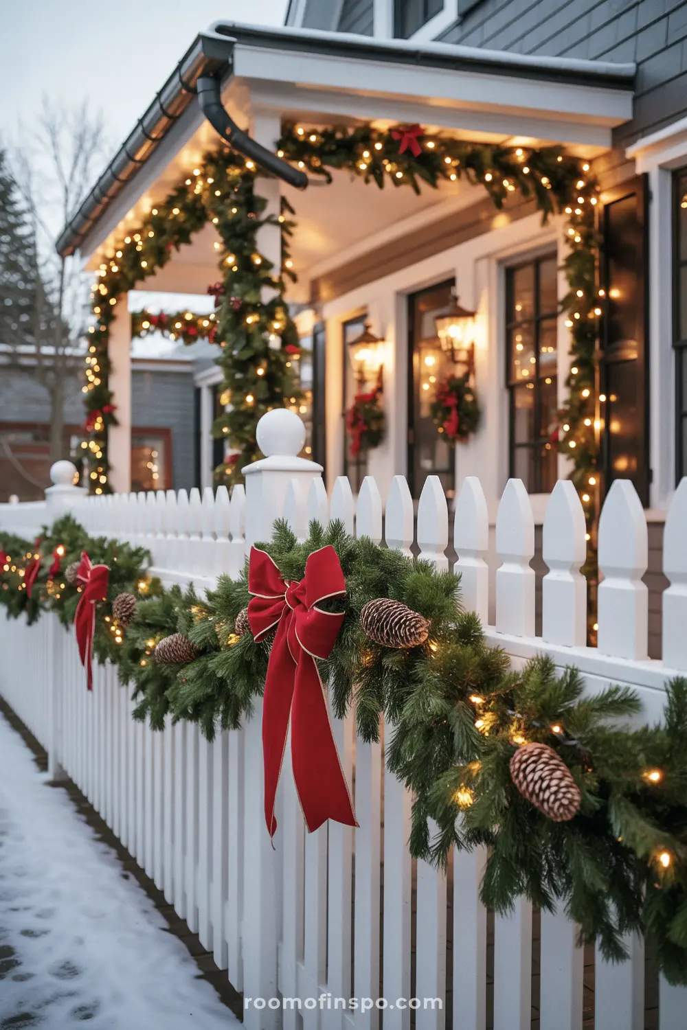 A white picket fence and front porch with traditional Christmas garland, red bows, and lights.