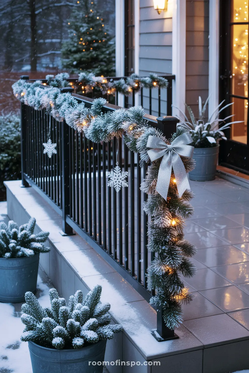 A frosted garland with a silver bow and snowflake ornaments on a snowy front porch railing for Christmas.