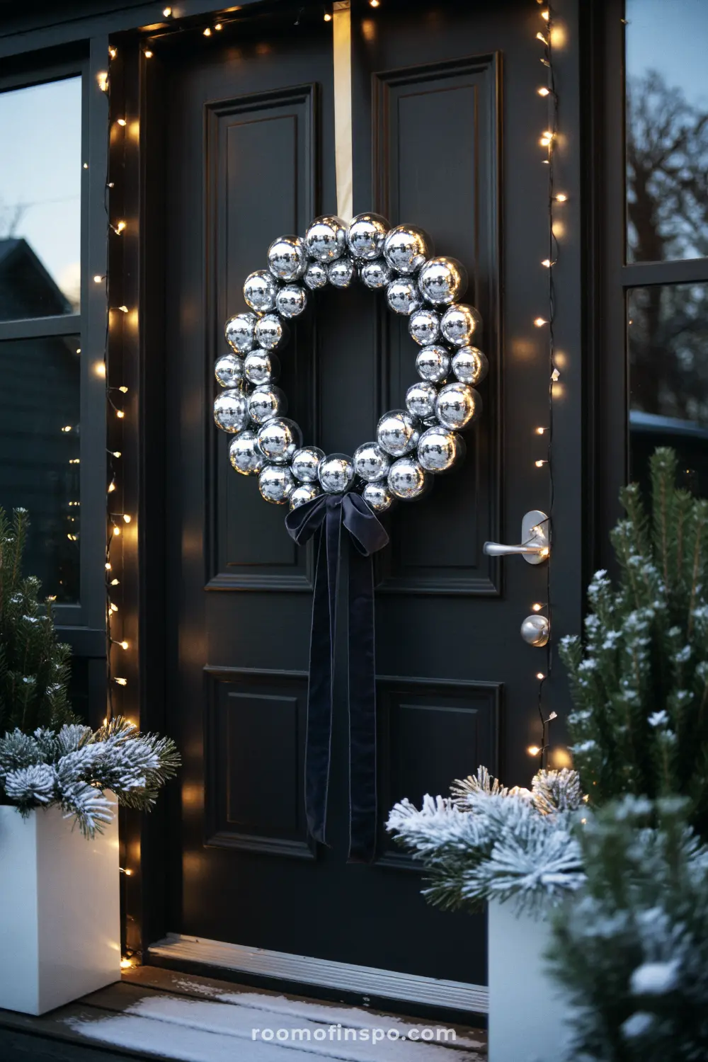 A unique wreath of silver ornaments with a velvet bow hangs on a black front door for Christmas.