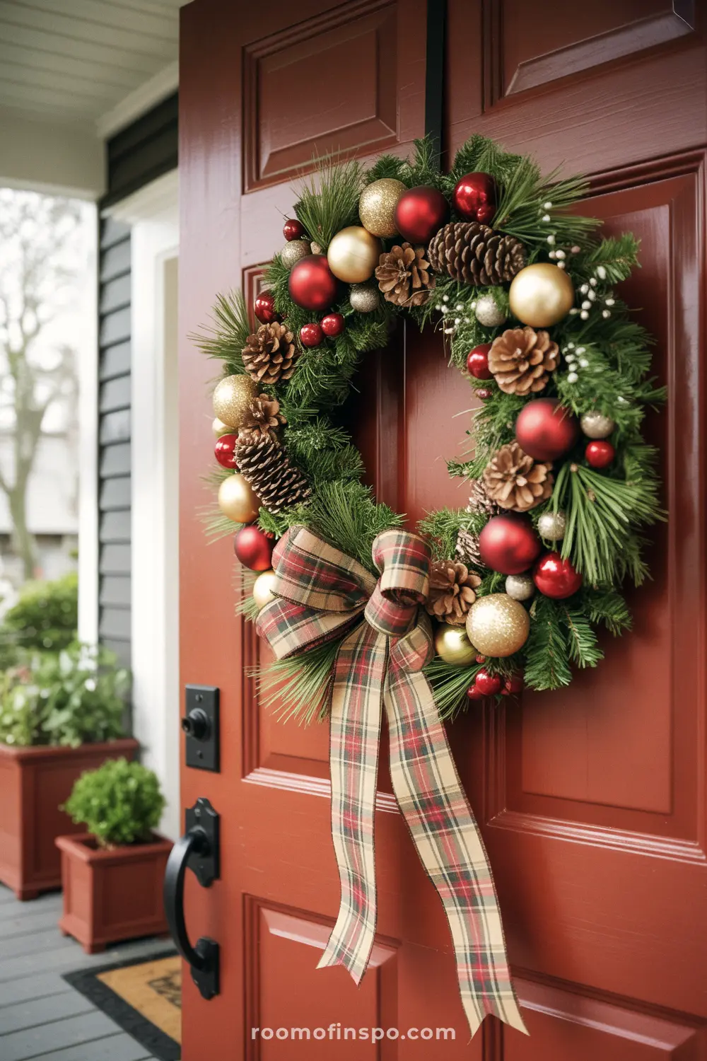 A classic Christmas wreath with a plaid bow and red and gold ornaments hangs on a red front porch door.