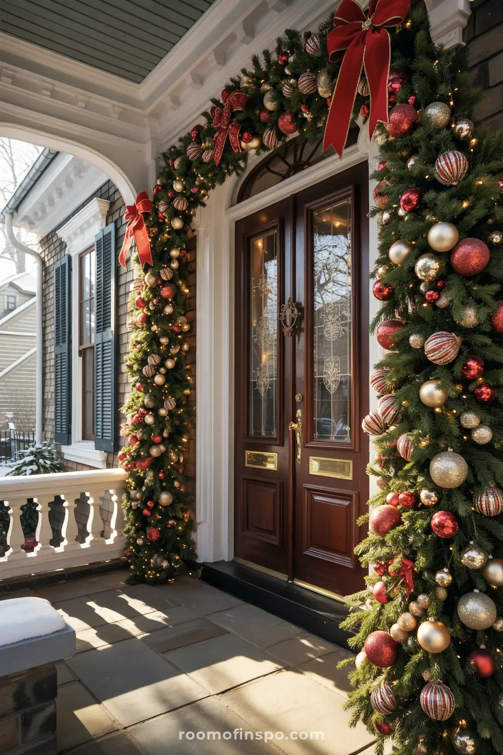A beautiful front porch with a Christmas archway of garland, red bows, and gold and red ornaments.