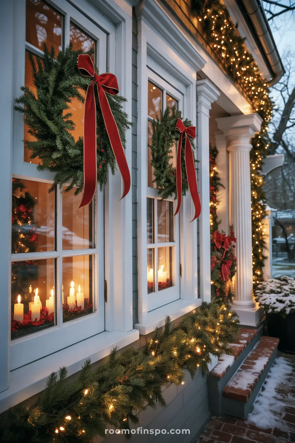 A classic Christmas front porch with wreaths and red bows on the windows and candles on the sill.