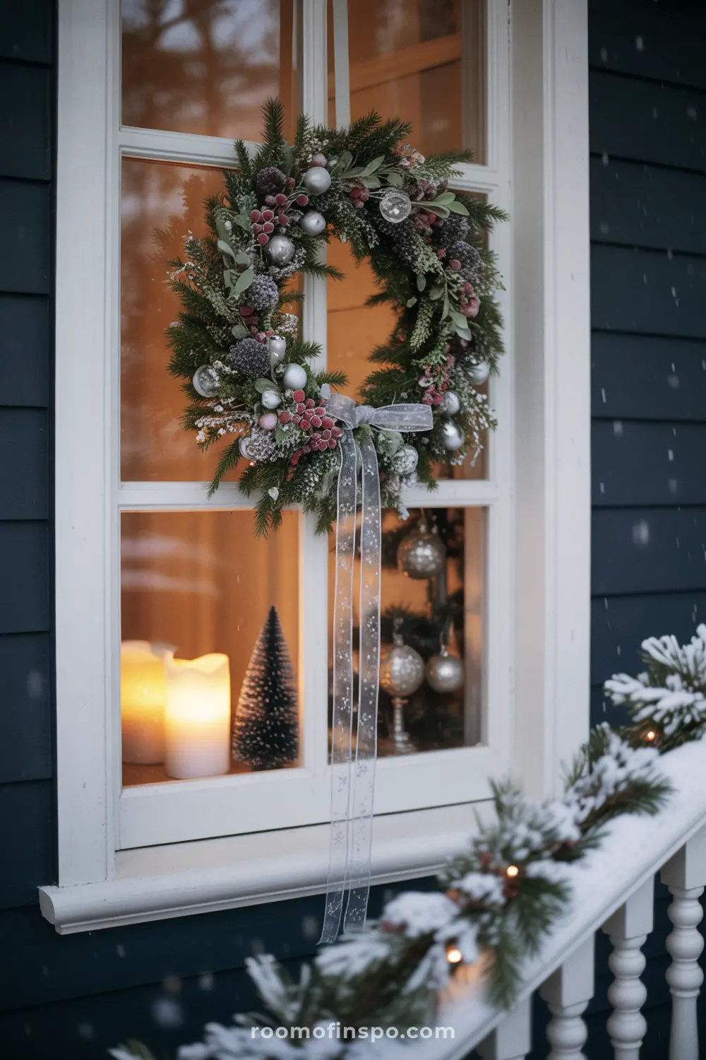 A wintery front porch window with a Christmas wreath and a small tree and candles on the sill.