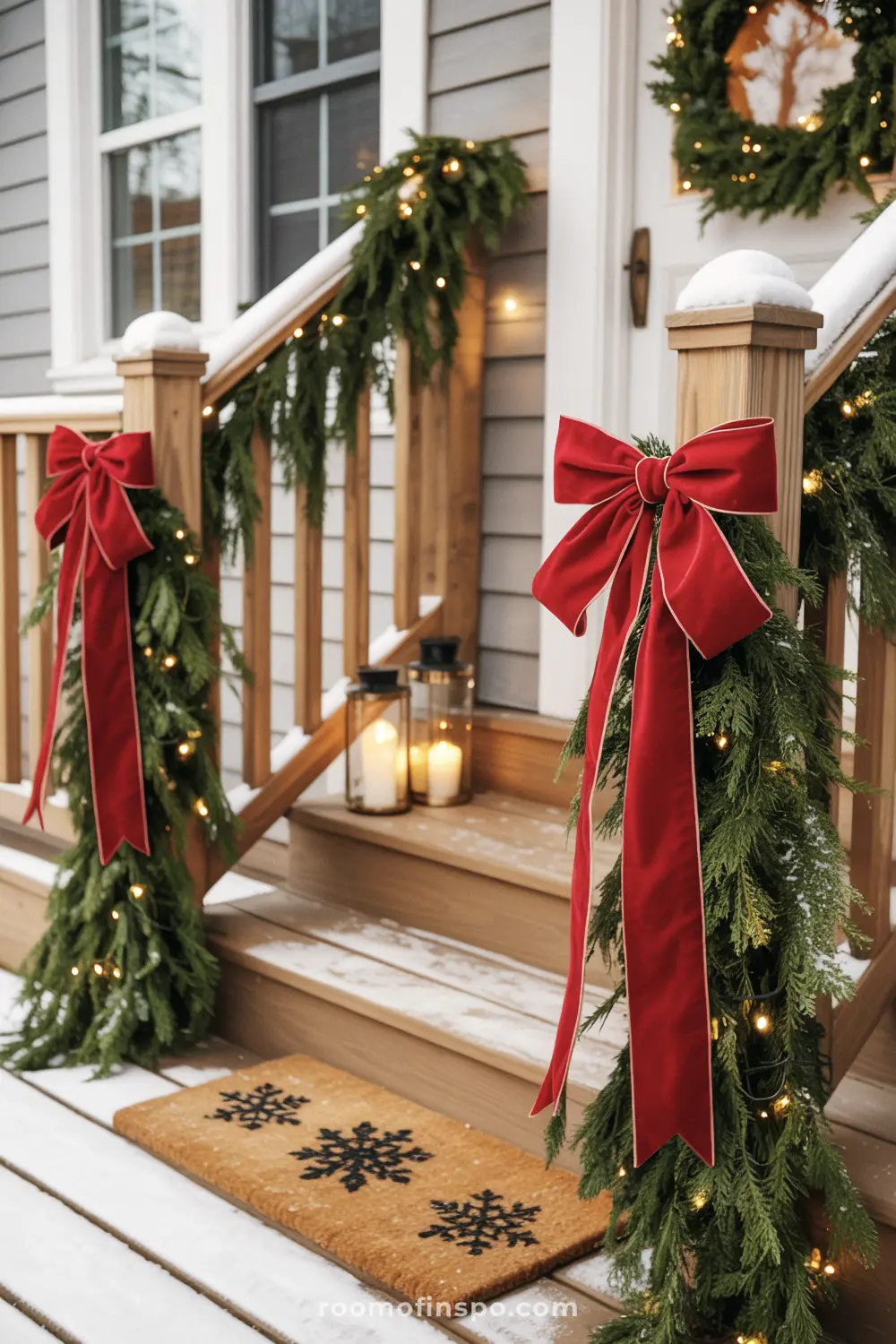 A cozy, snow-covered front porch with Christmas greenery, red bows, and lanterns on the stairs.