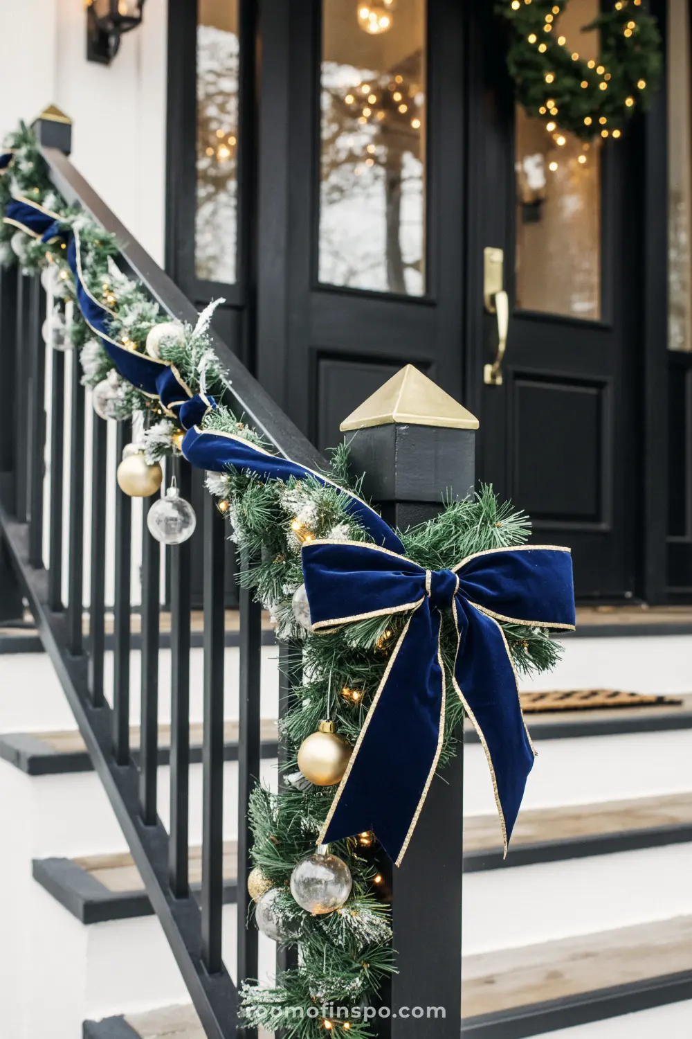 A beautiful Christmas garland with navy blue bows and gold ornaments decorates a front porch railing.