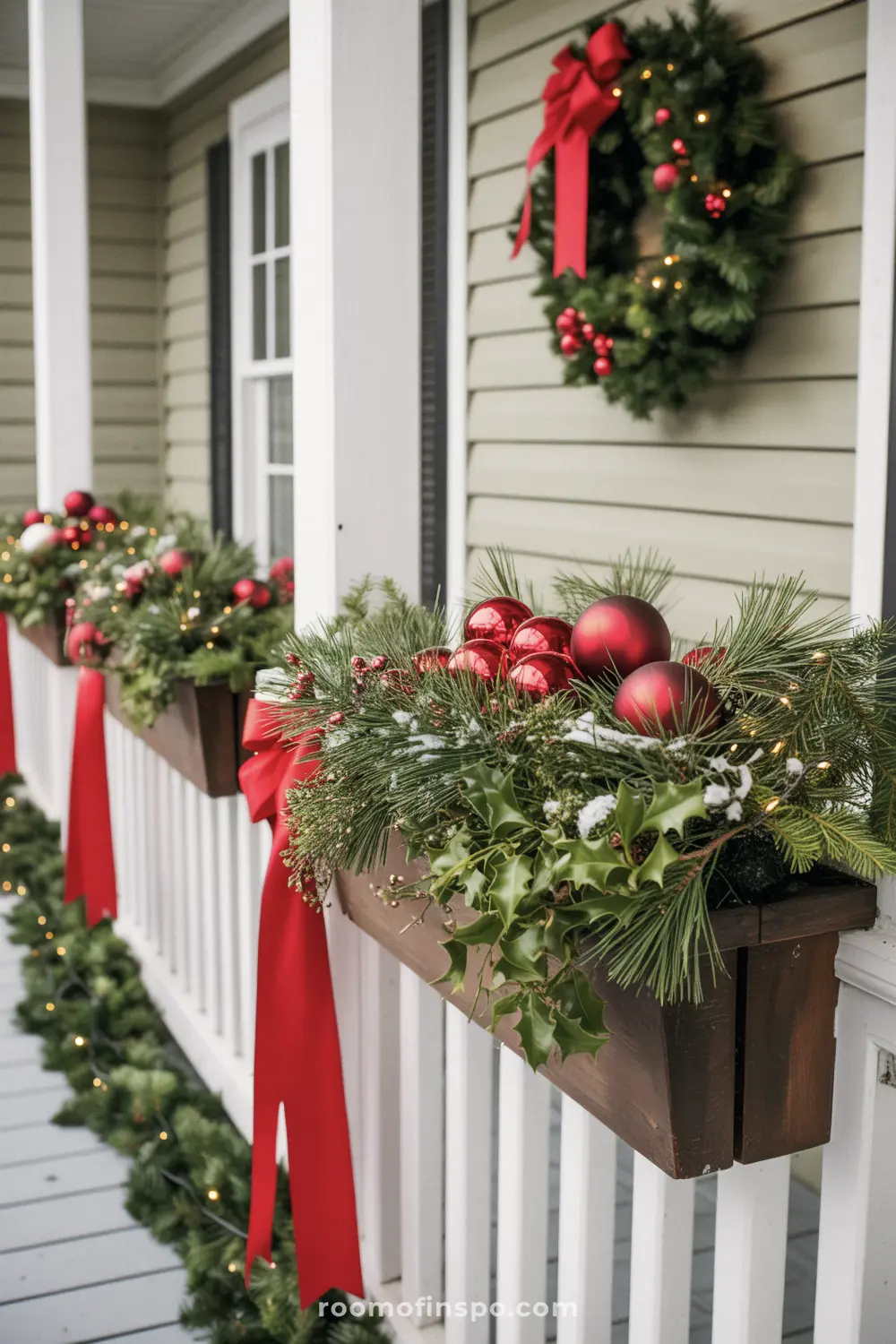 A classic front porch with flower boxes filled with festive Christmas greenery and red ornaments.