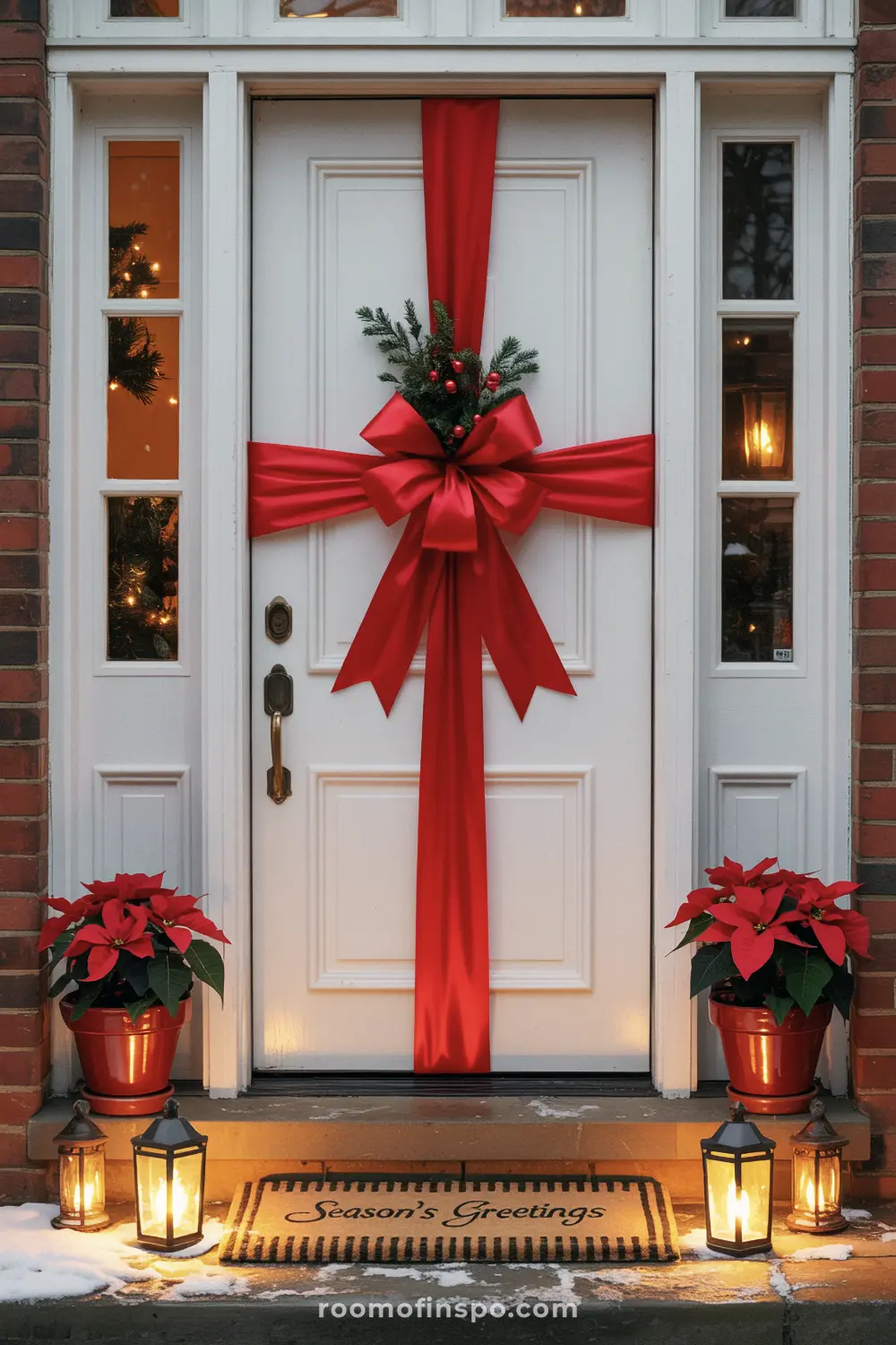 A white front door is decorated like a gift with a large red bow for Christmas.