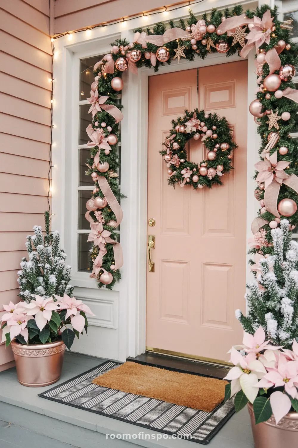 A festive pink Christmas archway and wreath adorn a stylish pink front porch.