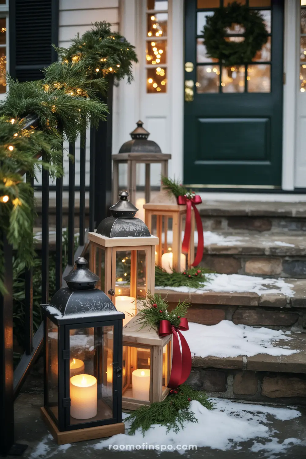 A beautiful front porch with snow-covered steps and lanterns, decorated for Christmas with greenery.