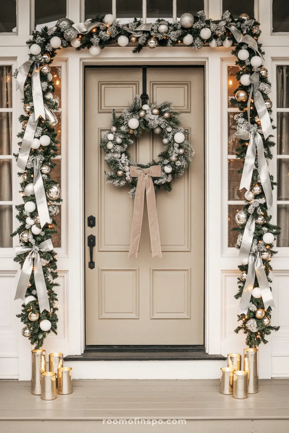 A front porch decorated for Christmas with a beautiful wreath and a garland archway in soft gold and white.