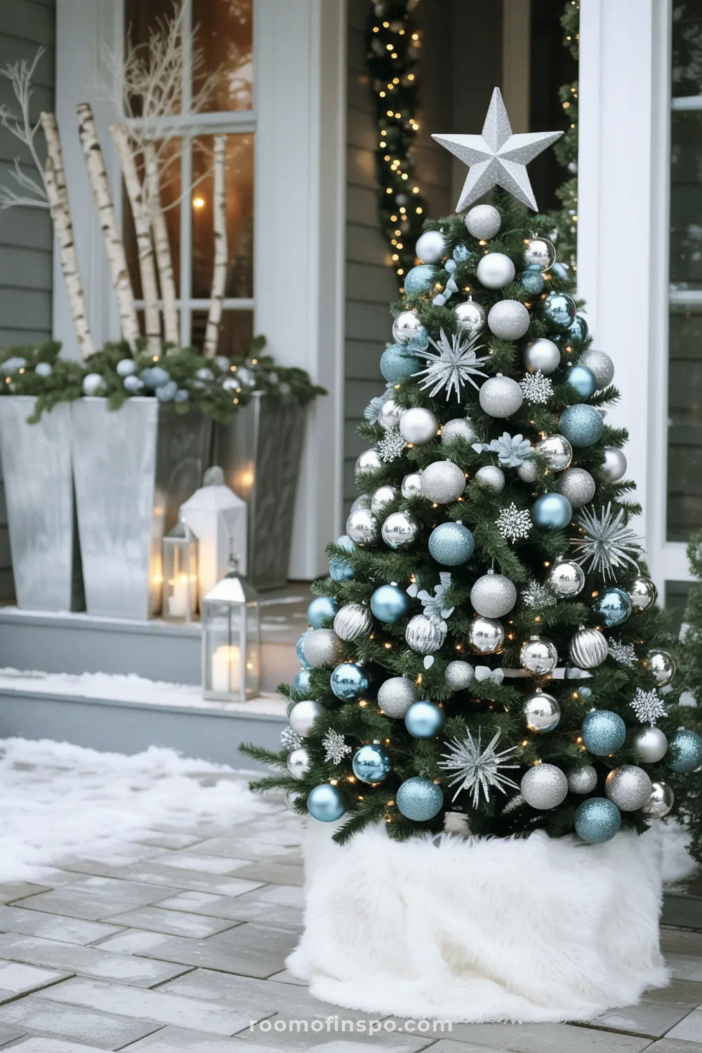A frosted Christmas tree with blue and silver ornaments stands on a snowy front porch.