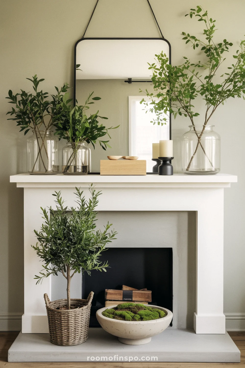 White mantel with leafy cuttings in glass jars, black-framed mirror, moss bowl planter, and small olive tree on hearth.