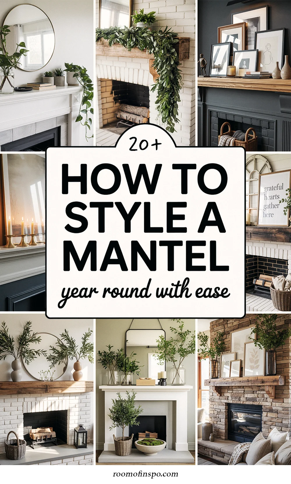 Collage of vintage ornaments, tulips, and textured surfaces under title “15+ How To Style A Mantel Year Round With Ease”.